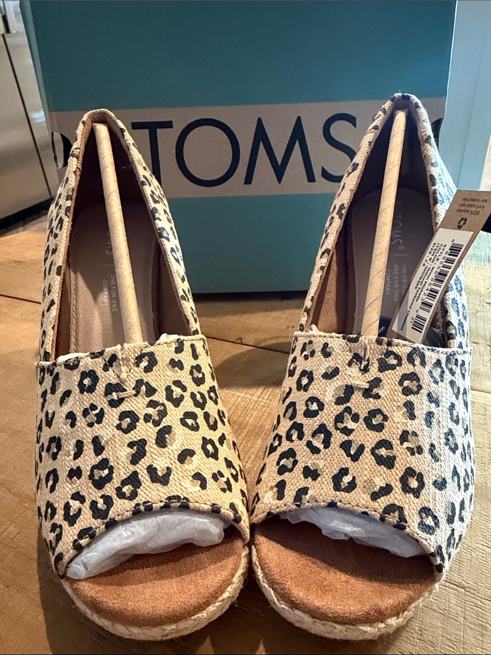TOMS Natural Textured Cheetah Peep-Toe Wedge Espadrilles - Beige/Black